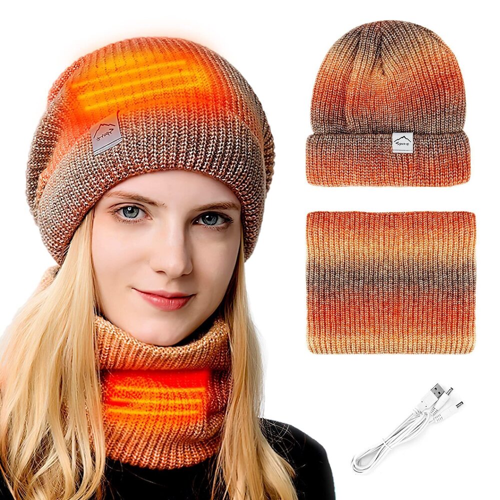 9829 USB Heated Scarf Set, Knit Beanie Hat Neck Warmer , Soft Lined Knitted